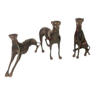 Mid-20th Century English Art Deco Style Cast Bronze Greyhound / Whippet Figurines - Set of 3 For Sale