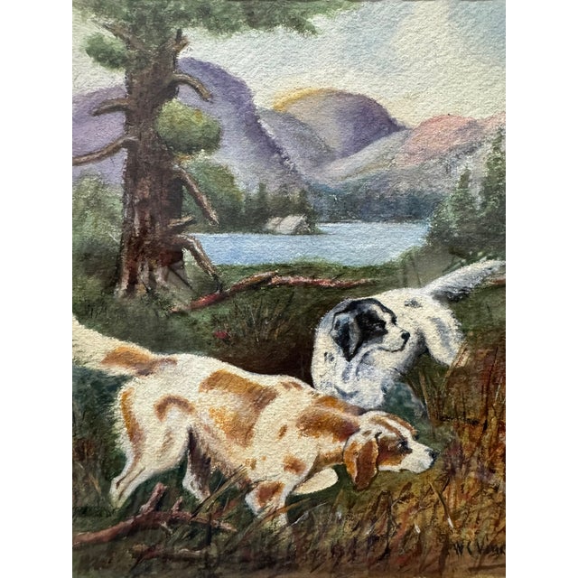 Original signed landscape painting depicting two hunting dogs in a wooded setting overlooking a mountain lake. Rendered in...