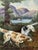 Original signed landscape painting depicting two hunting dogs in a wooded setting overlooking a mountain lake. Rendered in...