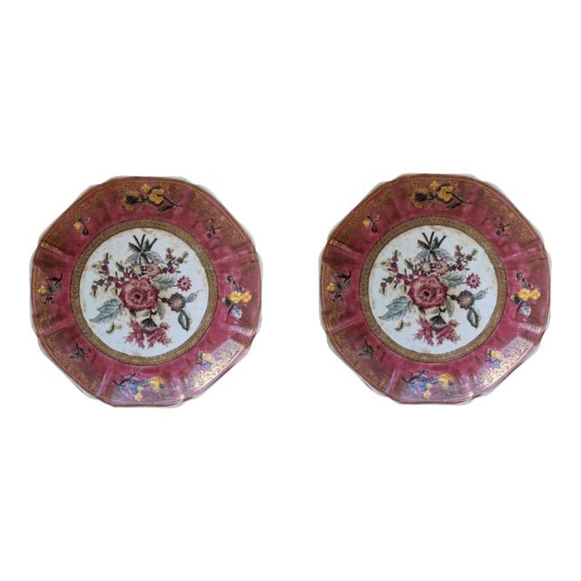 Vintage Chinoiserie Botanical Flower Ceramic Porcelain Plates- A Pair For Sale