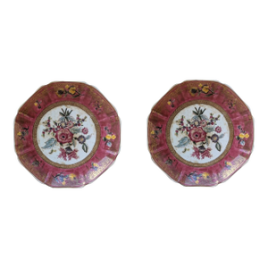 Vintage Chinoiserie Botanical Flower Ceramic Porcelain Plates- A Pair