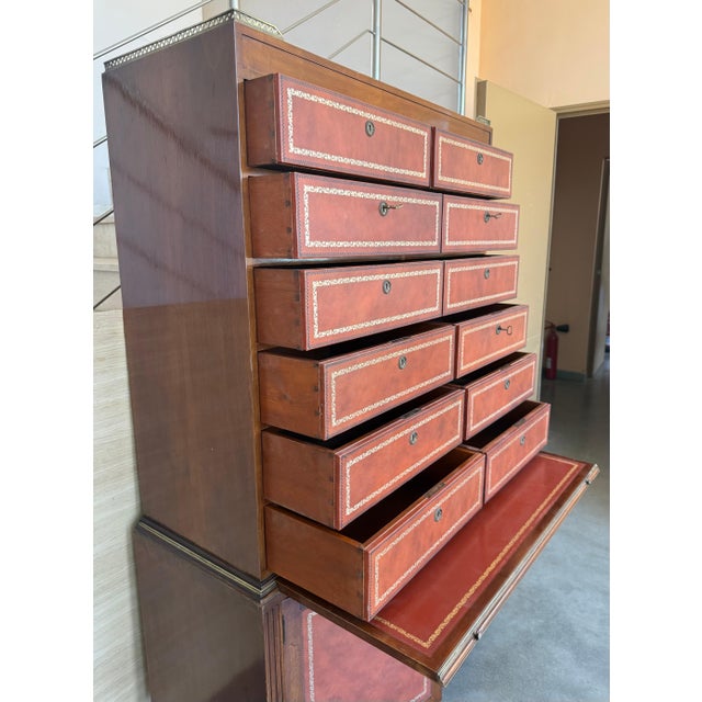 Wood Early 20th Century Chippendale Style Orange Tooled Leather Commode Chest of Drawers, Desk For Sale - Image 7 of 18