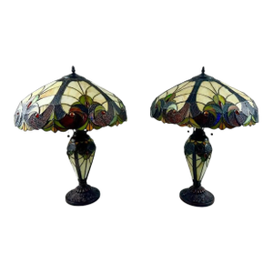 Art Nouveau Tiffany Style Brown & Green Stained Glass Table Lamp, a Pair