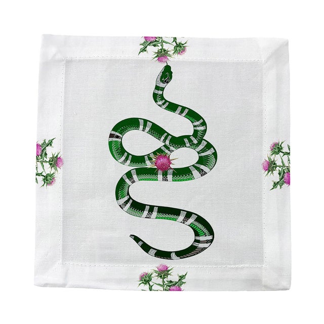 Contemporary Thistle And Snake Cotton Sateen Cocktail Napkins in Pink White, Set of 4 For Sale - Image 3 of 6