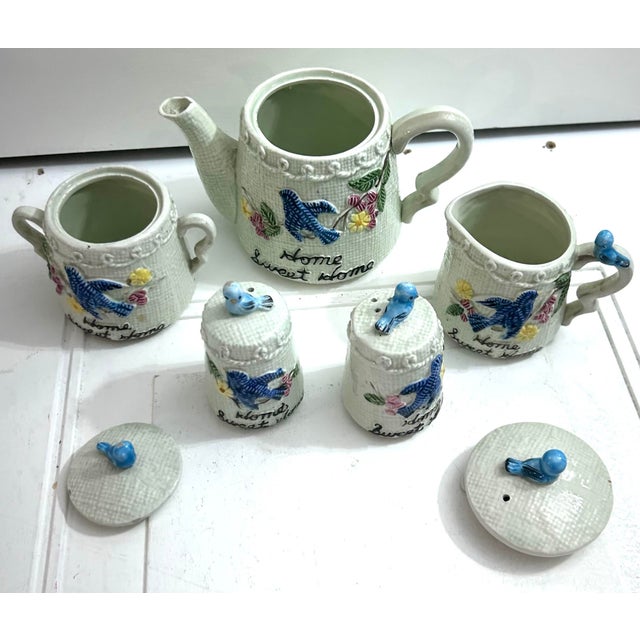 Enesco, Apparence Vintage Enesco "Bluebird" Ceramic Tea Set Featuring a "Home Sweet Home" For Sale - Image 4 of 10