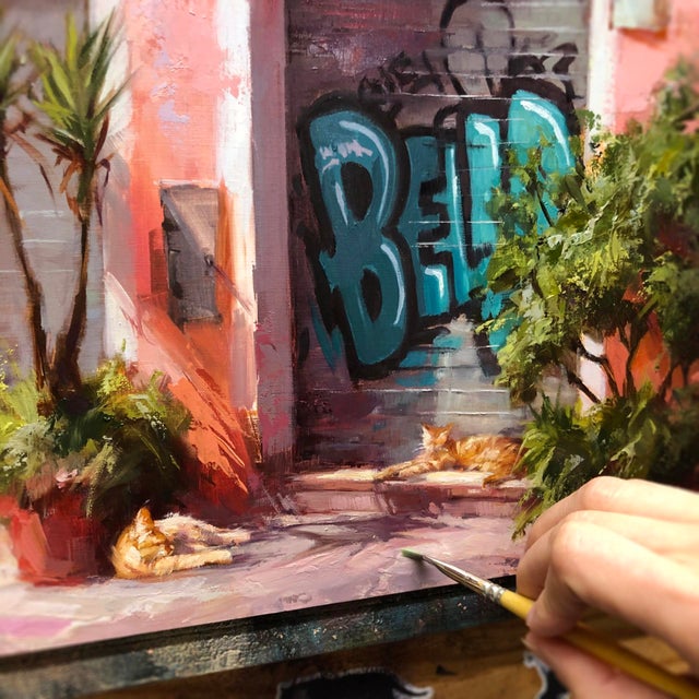 Riposa by Lindsey Kustusch | Oil on wood panel Cats resting near a graffiti-covered wall. For Sale - Image 4 of 5