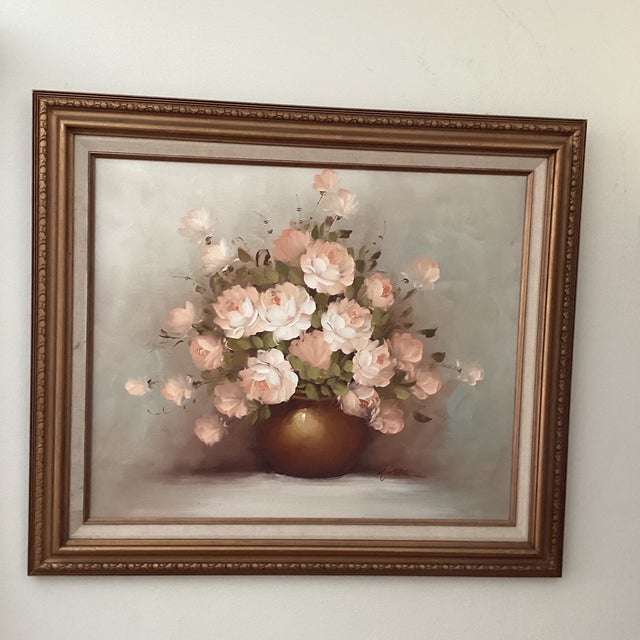 Vintage Floral Still Life Rose Bouquet in Vase Oil Painting on Canvas Signed Framed For Sale - Image 12 of 12