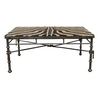 Eclectic Midcentury Zebra Hide Top Metal Coffee Table with Petite Gilt Tassels For Sale
