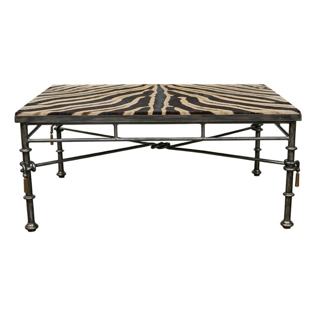 Eclectic Midcentury Zebra Hide Top Metal Coffee Table with Petite Gilt Tassels For Sale