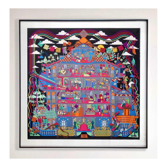 Framed Hermès Silk Scarf "La Maison Des Carrés" by Pierre Marie - Midnight Black Frame For Sale