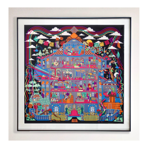 Framed Hermès Silk Scarf "La Maison Des Carrés" by Pierre Marie - Midnight Black Frame