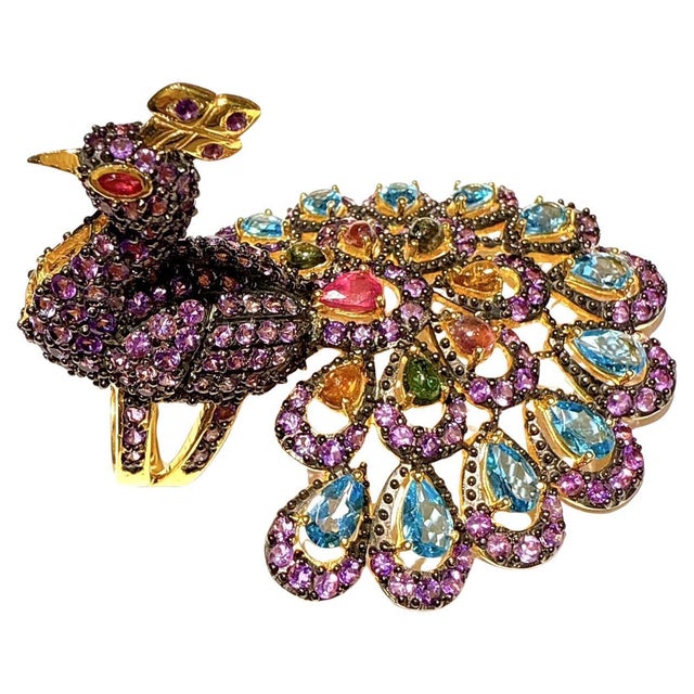 Bochic "Peacock" Vintage Diamond, Sapphire, Ruby & Gem Ring Set 18K Gold & Silver For Sale - Image 17 of 18