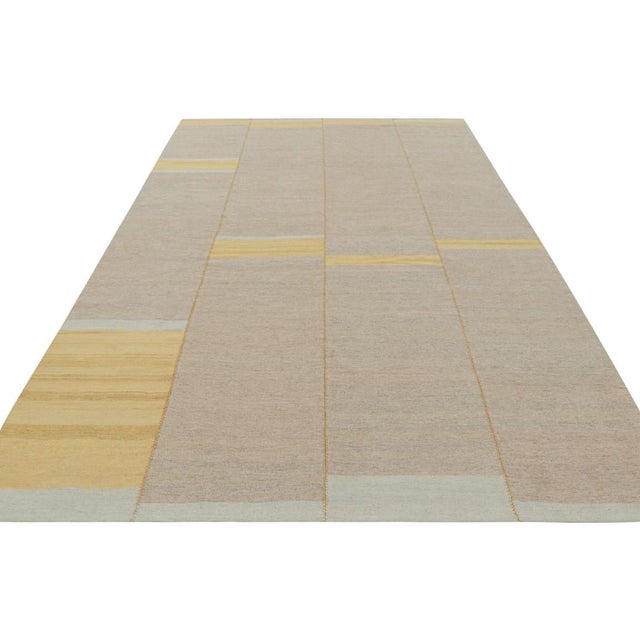 2010s Rug & Kilim’s Contemporary Kilim, Taupe With Textural Gold Stripes, Blue Accents For Sale - Image 5 of 7