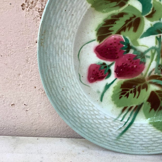 French Majolica Strawberries Plate signed Saint Amand Circa 1920.