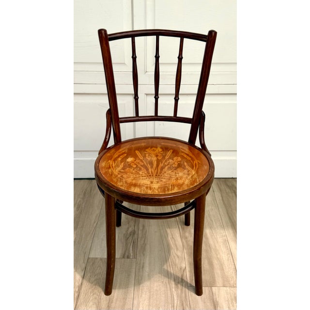 J & J Kohn & Mundus Antique Vienna Secession Bentwood Chair Attributed to Mundus With Floral Art Nouveau Seat For Sale - Image 4 of 16