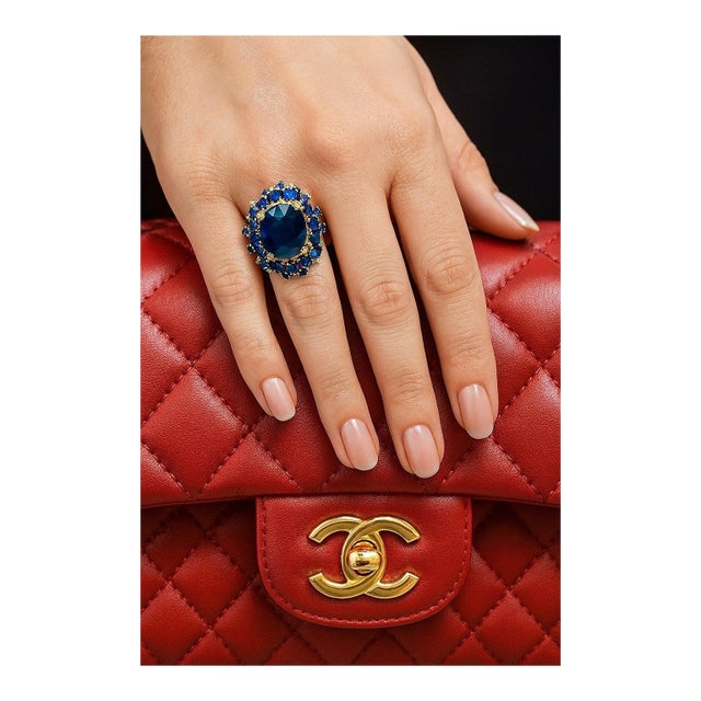 Bochic "Orient" Vintage Blue Sapphire & Diamond Cluster Ring Set 18K & Siver For Sale