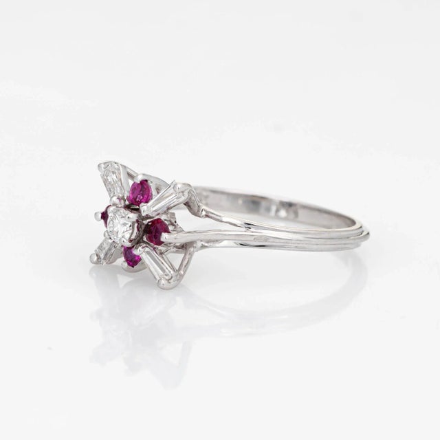 Mid 20th Century Diamond Ruby Star Ring Vintage 18 Karat White Gold Fine Cocktail size 6.25 For Sale - Image 4 of 7