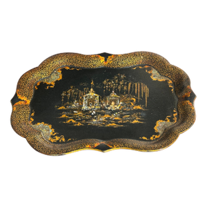 Huge Antique Chinoiserie Abalone Inlaid Scenic Paper Mache Tray