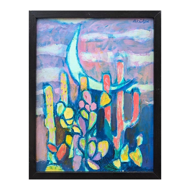 Modern David Adickes "Crescent and Cactus" Modern Abstract Colorful Desert Night Landscape Painting, 1980's For Sale - Image 3 of 10