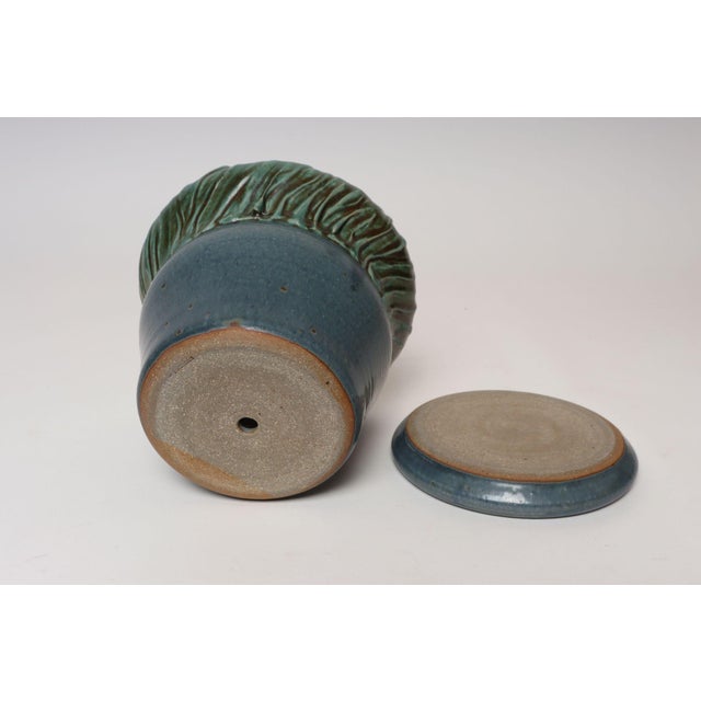 Vintage Green and Blue Incised Ceramic Planter With Saucer by Deanna Nichols For Sale - Image 4 of 18