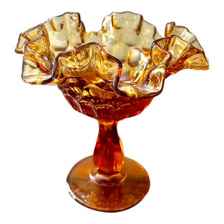 Mid-Century Fenton Amber Glass Ruffled Top Thumbprint Compote Bowl For Sale