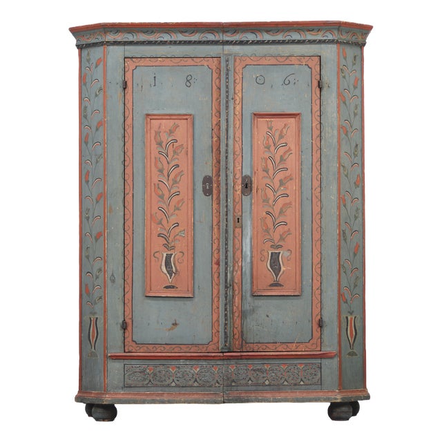 Rustic Farmhouse Folk Art Painted Bridal Cabinet, 1806 For Sale