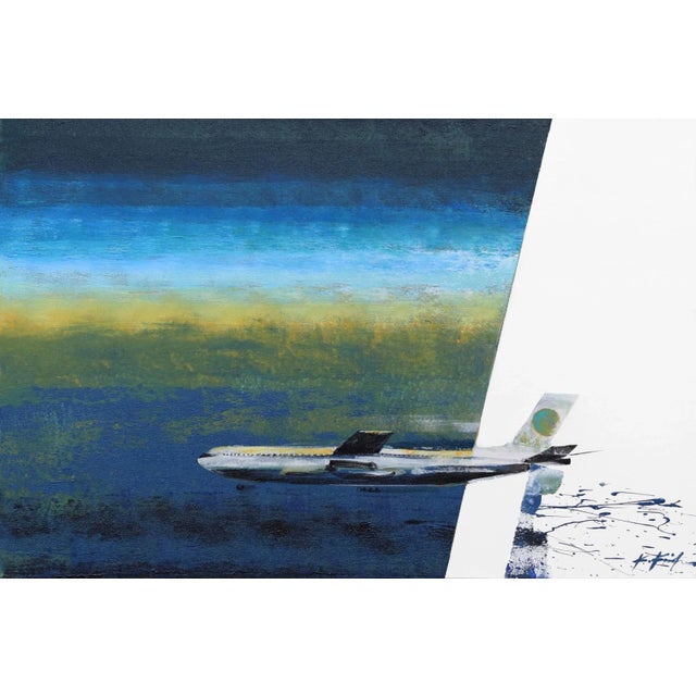 Foxtrot Bravo - Contemporary Realist Acrylic Airplane Sky Travel Skyscape Painting by Kathleen Keifer For Sale