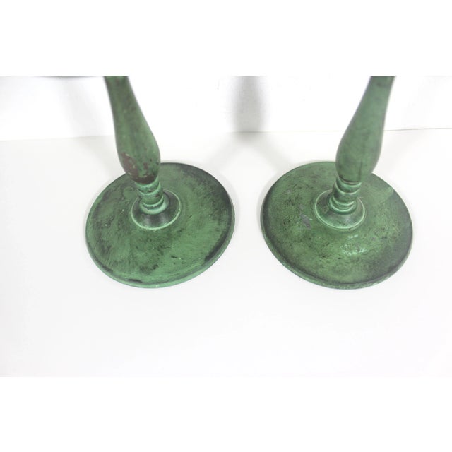 Vintage Pair of Brass Candle Holders With Verdigris Patina Green Candleholder For Sale - Image 4 of 6
