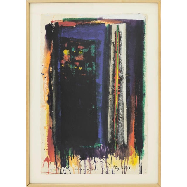 Abstract expressionist painting on paper titled "Buenos Aries" by Argentine artist Perez Celis, created in 1989. Hand...