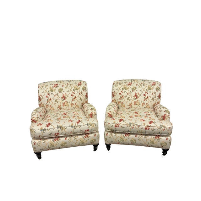Beautiful pair of upholstered lounge chairs by Lee Industries, handcrafted in the USA and dated 2008. The chairs feature...
