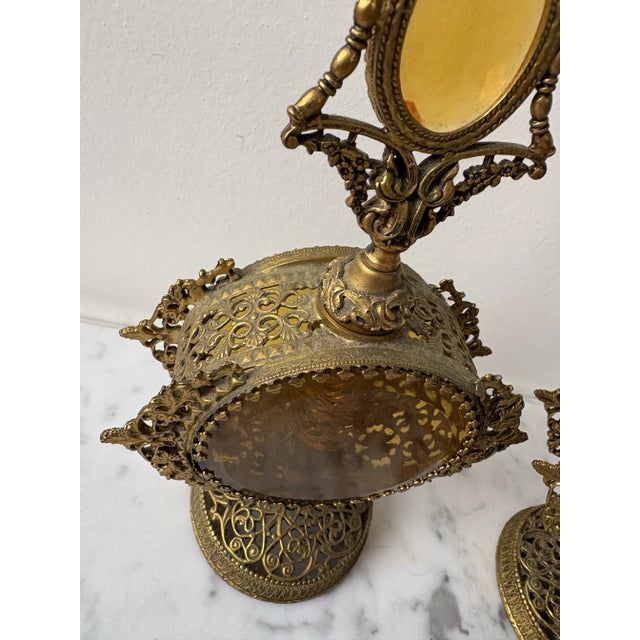 Early 20th Century Hollywood Regency Amber Glass & Brass Perfume Bottles For Sale - Image 5 of 5