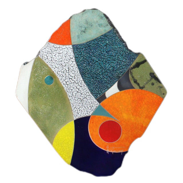 "Delightful Day" by Michael Gustavson, Raku Ceramic Triptych Wall Sculpture, Vivid Teal Orange and Navy Glaze, Contemporary California Art For Sale - Image 4 of 7