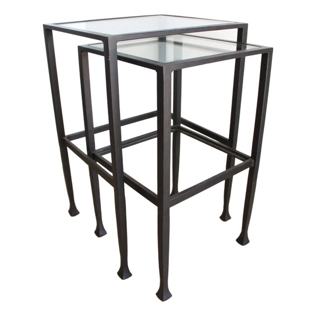 Hand Forged Iron & Glass Nesting Tables/Black For Sale