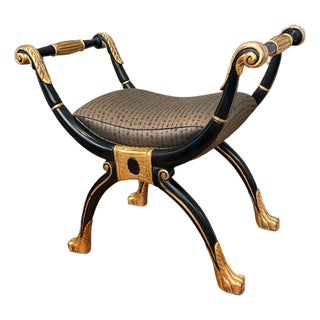 Vintage Maitland-Smith Neoclassical Black & Gilt Curule Bench With Asian Calligraphy Upholstery For Sale