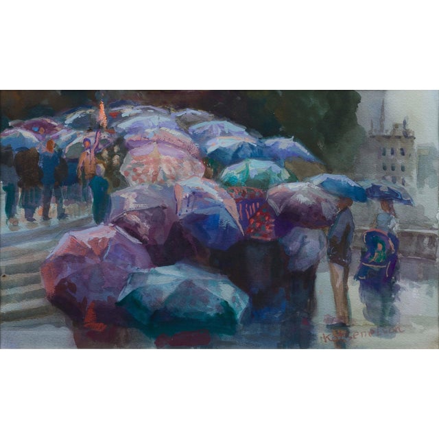 Brussels Excursion, ca. 2011 by Naum Katsenelson | Watercolor on paper People with umbrellas in a city setting. For Sale
