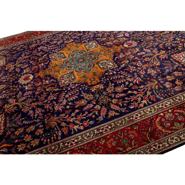 1960s Blue Persian Tabriz Vintage Wool Rug With Rossete Motif For Sale - Image 4 of 7