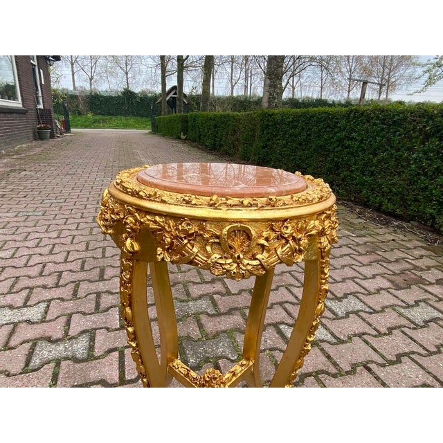 Gold 1980s French Louis XVI Gold Beech Marble Side Tables - Pair of 2 Pc For Sale - Image 8 of 9