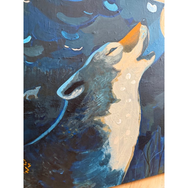 Ink Blue “Wolf Moon” a Wolf Painting by LWren Walraven For Sale - Image 8 of 10