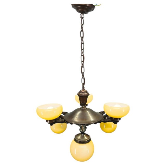 Art Deco Czech Brass Chandelier with Cream Glass, 1920s For Sale - Image 14 of 14