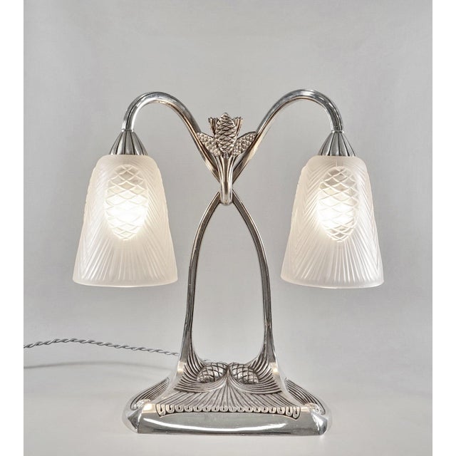 Art Deco Bousquet & Bloch & Degue French Art Deco Double-Arm Table Lamp 1930s - Pinecone Glass For Sale - Image 3 of 14