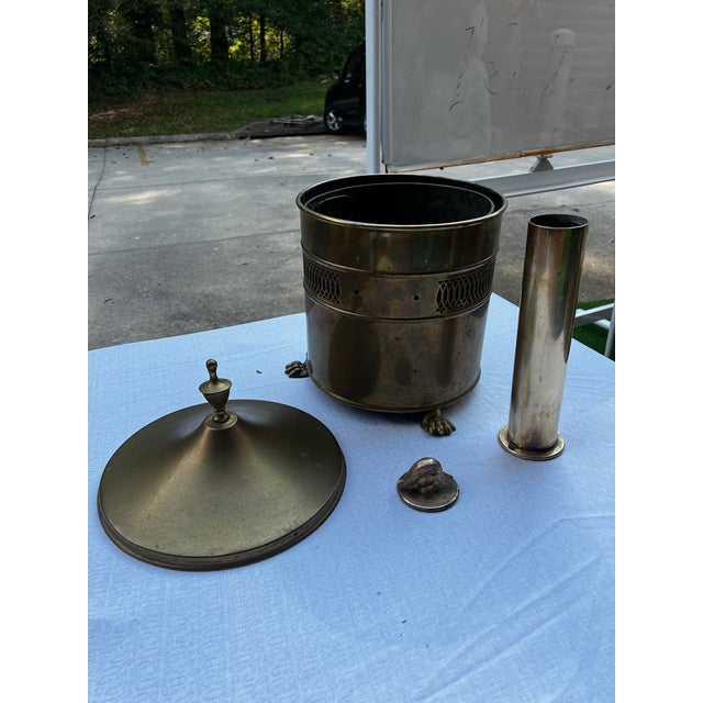 Vintage Footed Pierced Brass Coal Scuttle Bucket and Tall Duck Matchstick Holder For Sale In Atlanta - Image 6 of 12