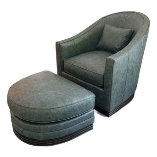 Vanguard Syms Leather Swivel Chair and Ottoman For Sale