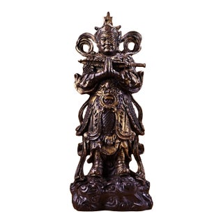 Vintage Gilt Copper Wei Tuo Guardian Deity Sculpture, Buddhist Temple Standing Statue For Sale
