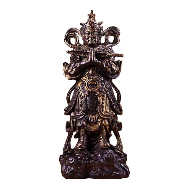 Vintage Gilt Copper Wei Tuo Guardian Deity Sculpture, Buddhist Temple Standing Statue For Sale