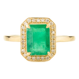 Art Deco Green Emerald and Diamond 14k Gold Ring Size 7 For Sale