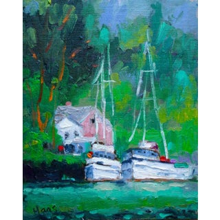 Noyo Harbor Boats Impressionist Oil Painting For Sale