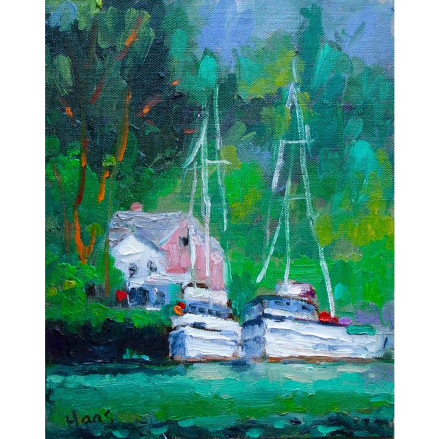 Noyo Harbor Boats Impressionist Oil Painting For Sale