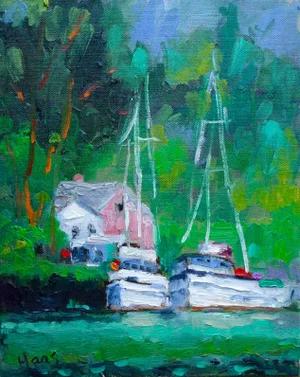 Noyo Harbor Boats Impressionist Oil Painting