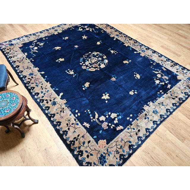 1900 - 1909 Vintage Room Size Chinese Art Deco Rug, Hand-Knotted Navy Blue, Taupe, 9' x 12' For Sale - Image 5 of 18