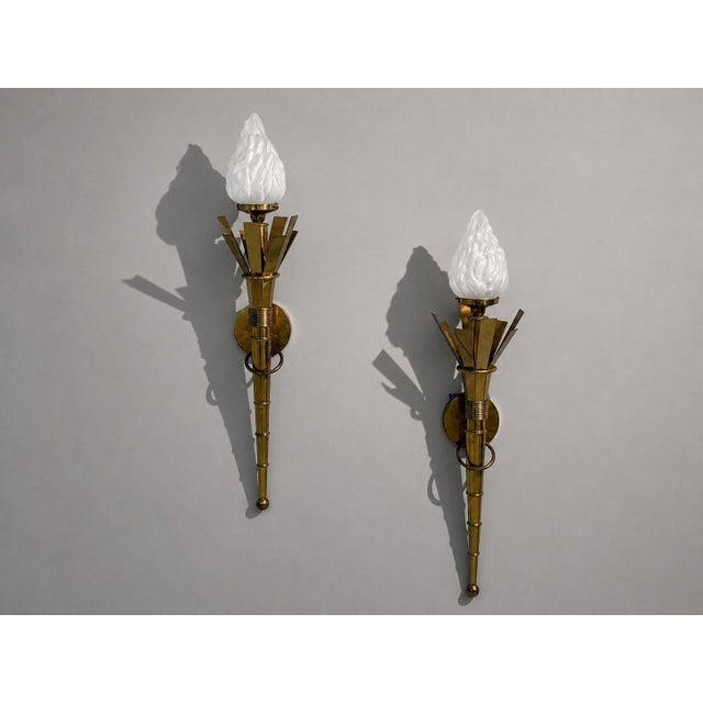 Mid 20th Century Neoclassical, Monumental Torchiere Wall Sconces, Brass, Glass - a Pair For Sale - Image 4 of 12